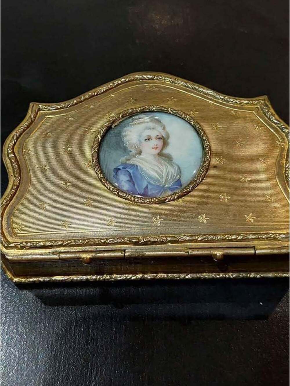 Antique French Bronze Jewelry Box w/ Porcelain Painted Portrait Lid